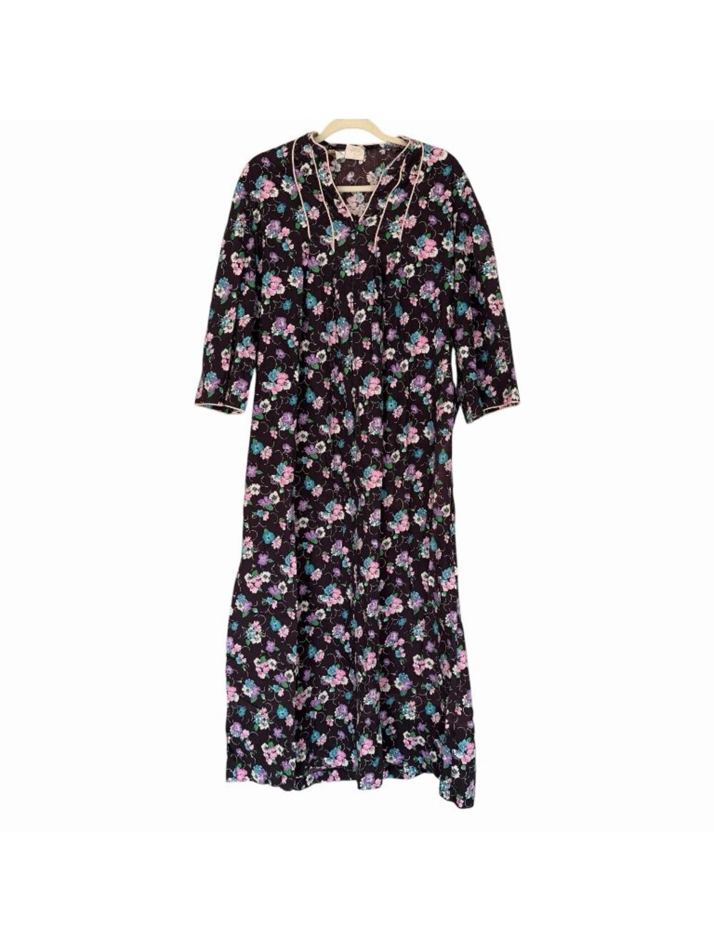 LOUNGEES Women's Nightgown Black Floral Zip-Up Muumuu Cotton MEDIUM Vintage USA